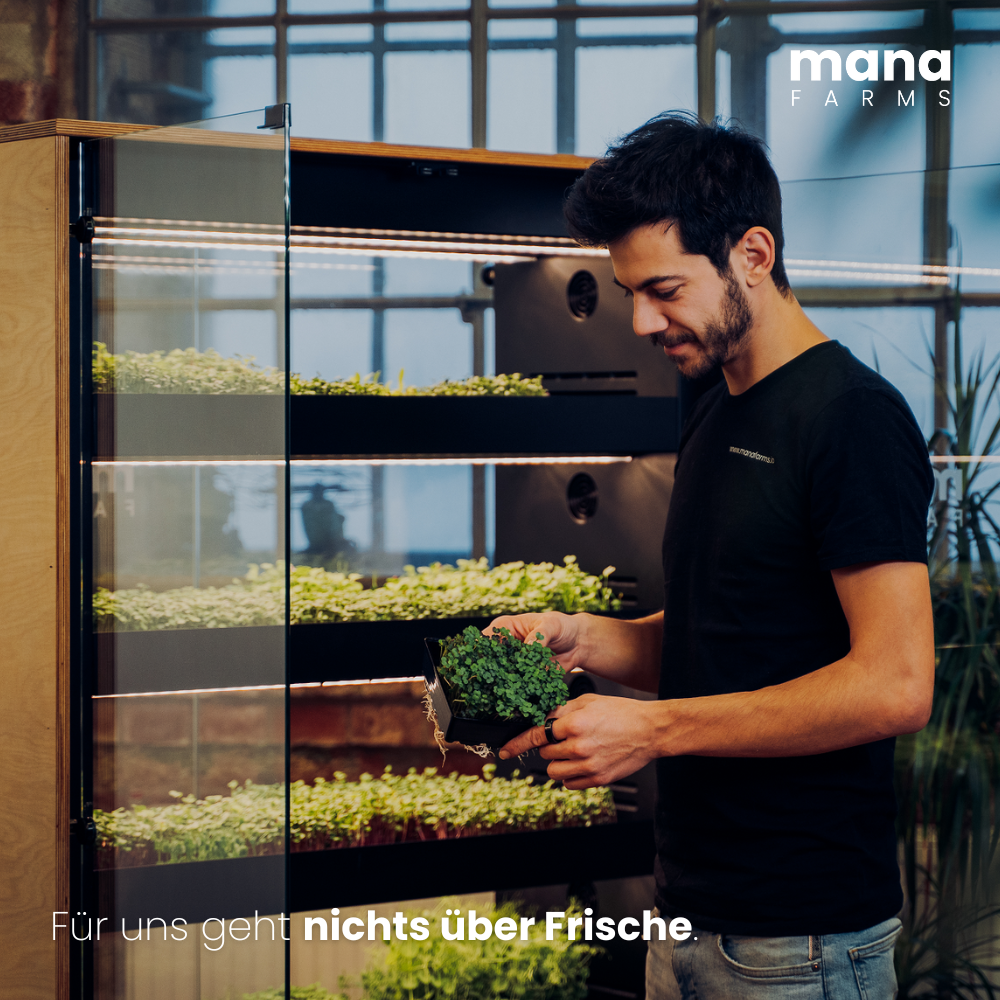 Richard, Co-Founder von Mana Farms, vor einer Mana Farm-Vertical Farm